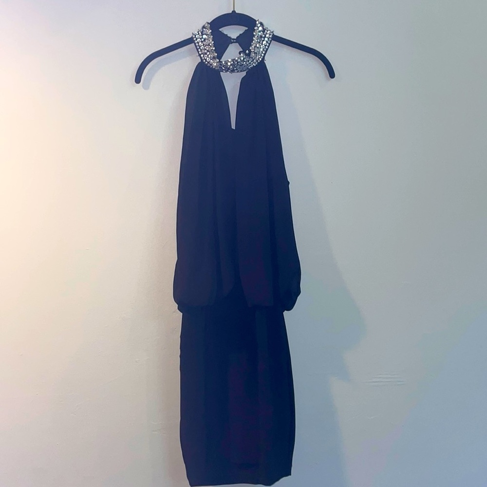 Black rhinestone collar midi dress